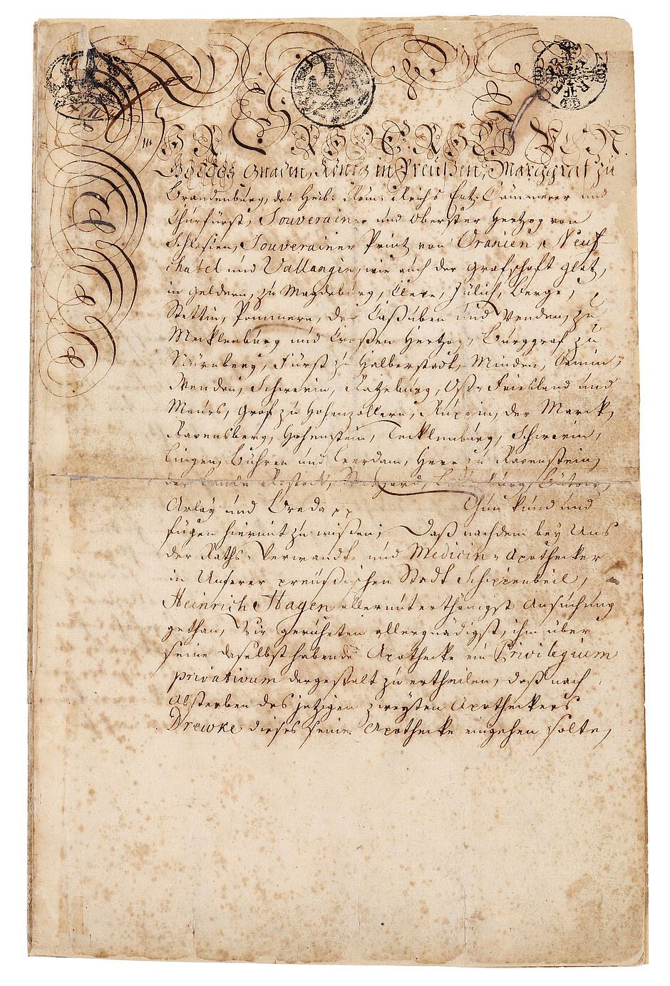Privilegs der Adler-Apotheke Schippenbeil (Sępopol), erteilt 1744 von Friedrich II., Abschrift von 1790 (Copyright: Dt. Apotheken Museum-Stiftung, Heidelberg. Inv.-Nr. VII A 2327, 1r)