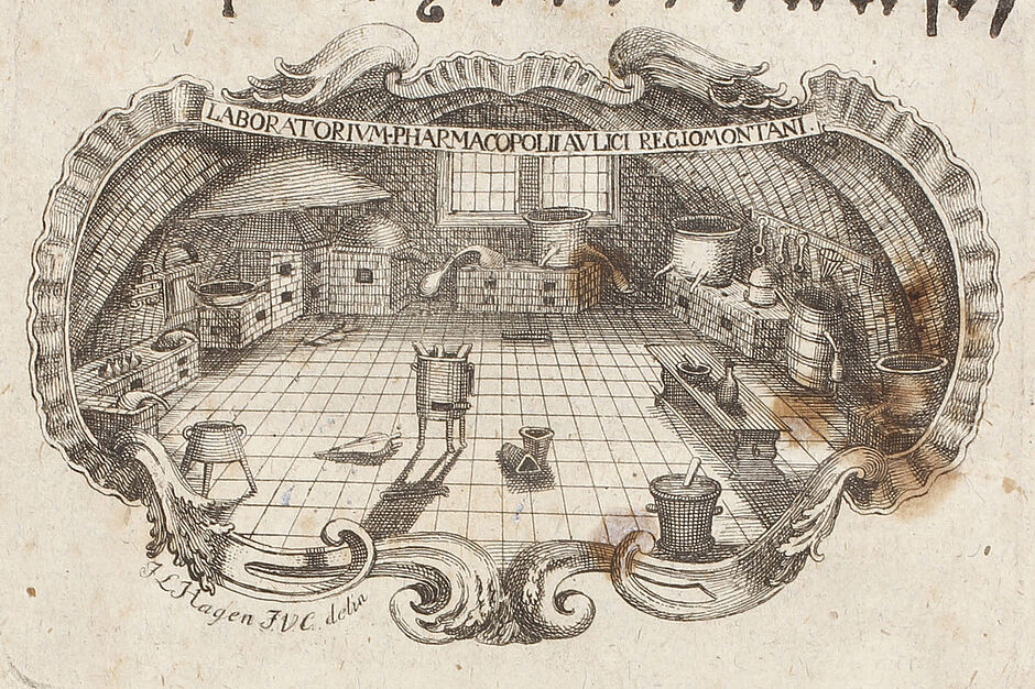 Laboratorium von Carl Gottfried Hagen in der Hof-Apotheke Königsberg. Kupferstich. Ausschnitt des Titelblatt von Karl Gottfried Hagens "Apothekerkunst", Königsberg 1778 (Copyright: Dt. Apotheken Museum-Stiftung, Inv.-Nr. VII B 281).